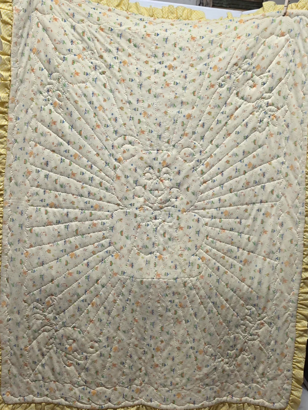 Vintage Handmade Teddy Bear Crib Quilt Blanket - Yellow Gingham